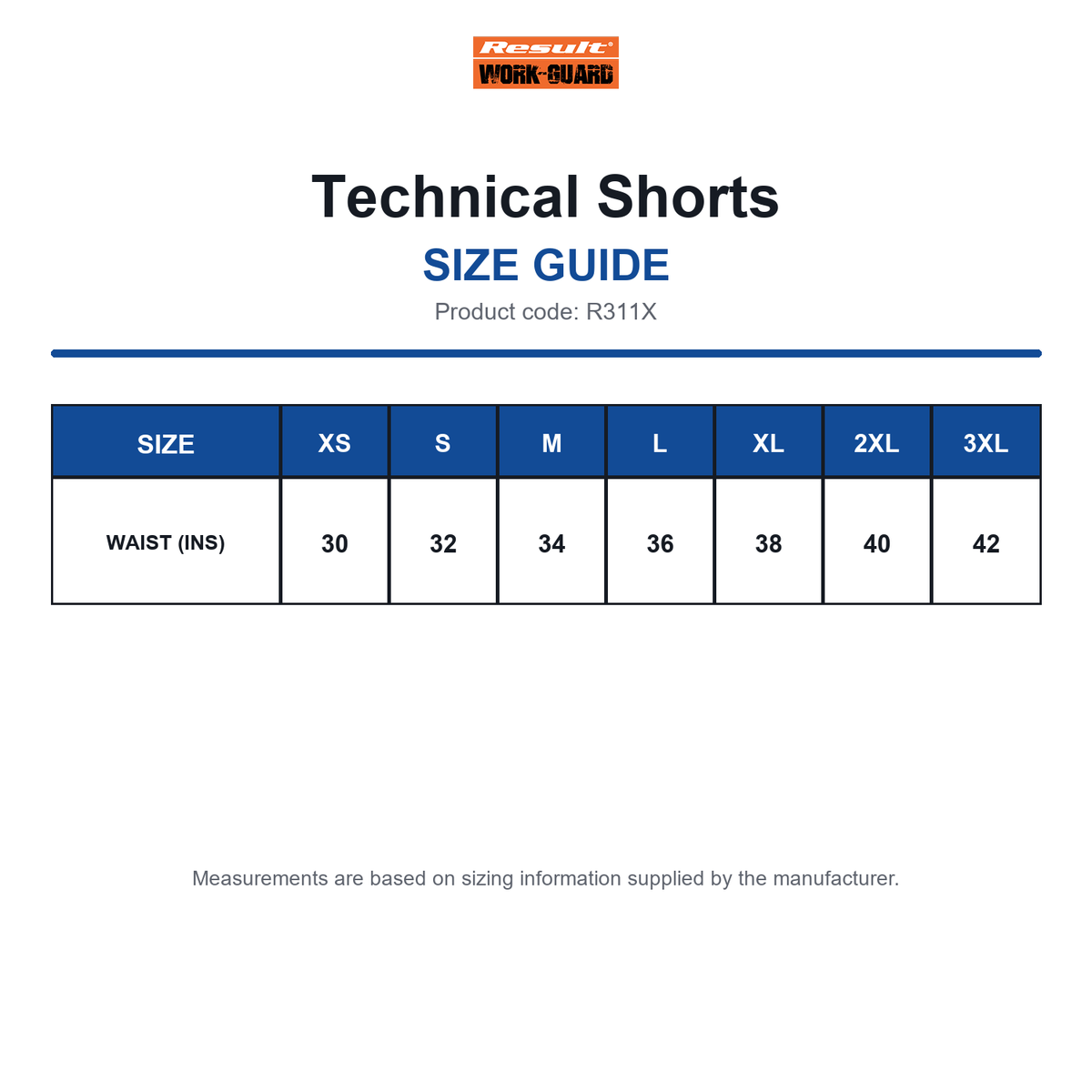R311X Result Workguard Technical Shorts size guide (R311X)