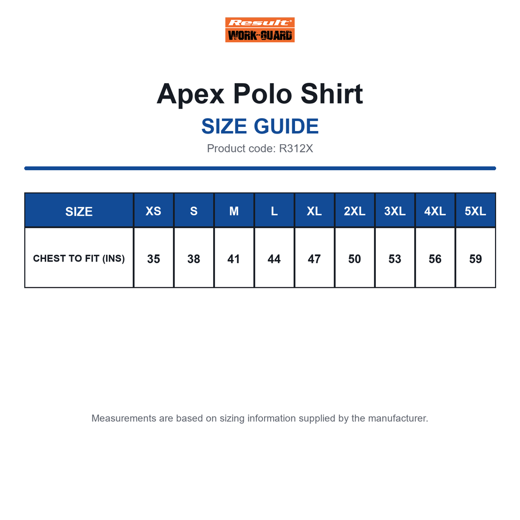 R312X Result Work-Guard Apex Polo Shirt size guide (R312X)