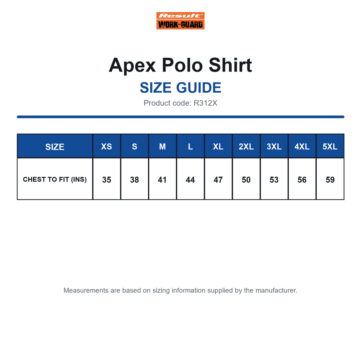 R312X Result Work-Guard Apex Polo Shirt size guide (R312X)