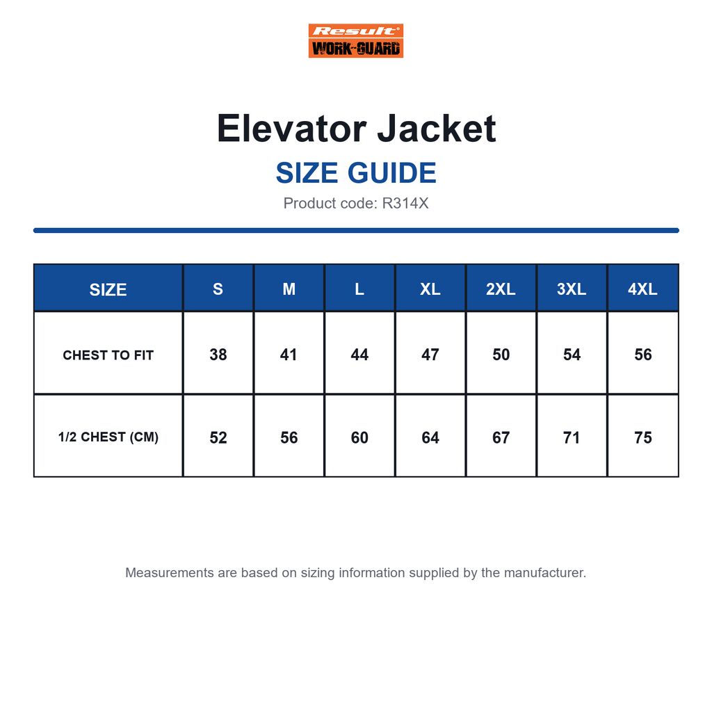 R314X Result Workguard Elevator Jacket size guide (R314X)
