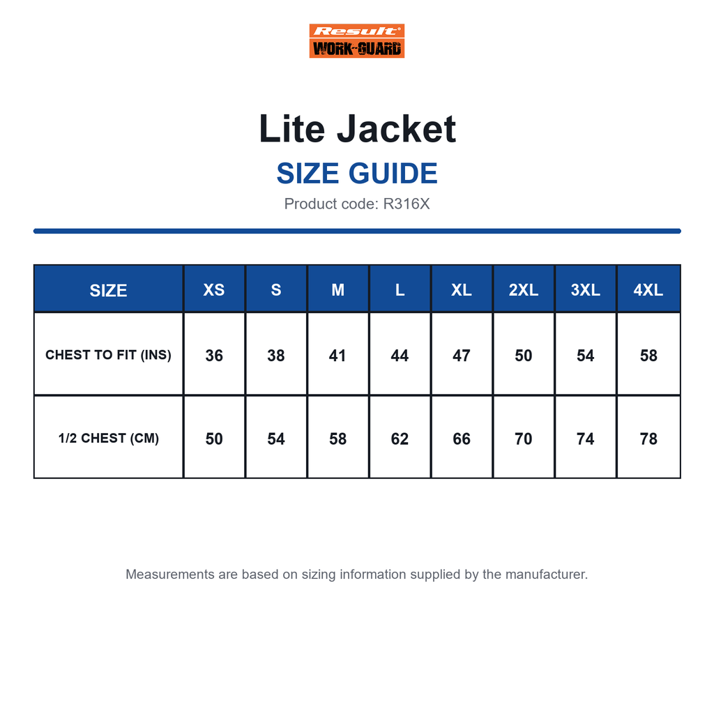 R316X Result Workguard Lite Jacket size guide (R316X)