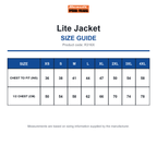 R316X Result Workguard Lite Jacket size guide (R316X)