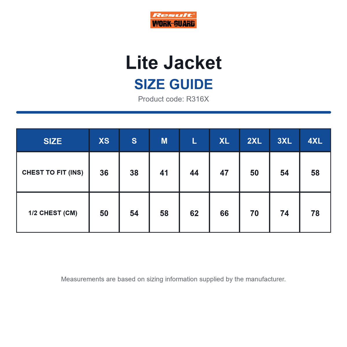 R316X Result Workguard Lite Jacket size guide (R316X)