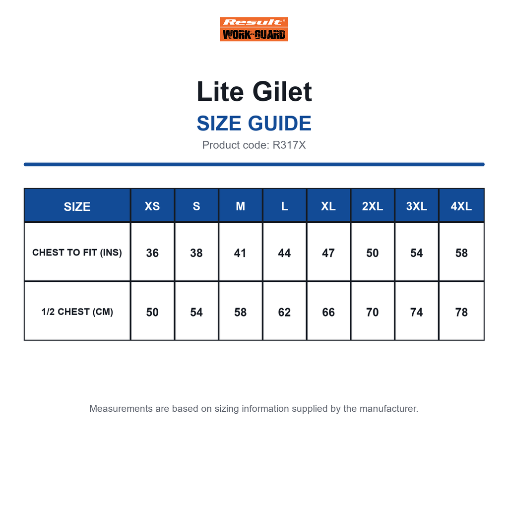 R317X Result Workguard Lite Gilet size guide (R317X)
