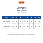 R317X Result Workguard Lite Gilet size guide (R317X)