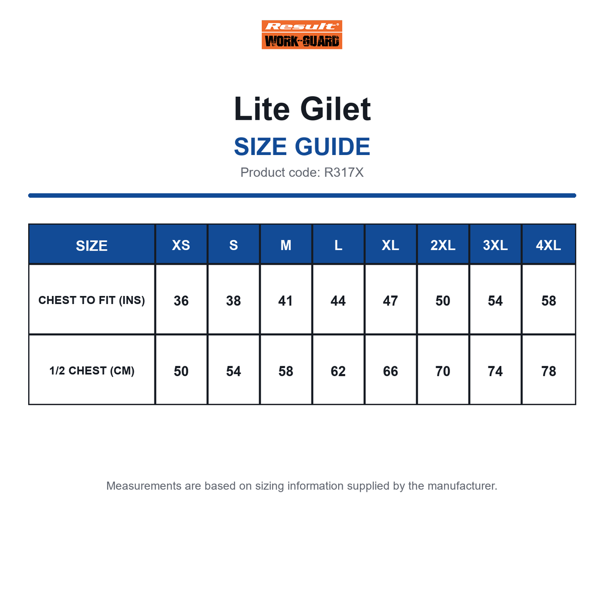 R317X Result Workguard Lite Gilet size guide (R317X)