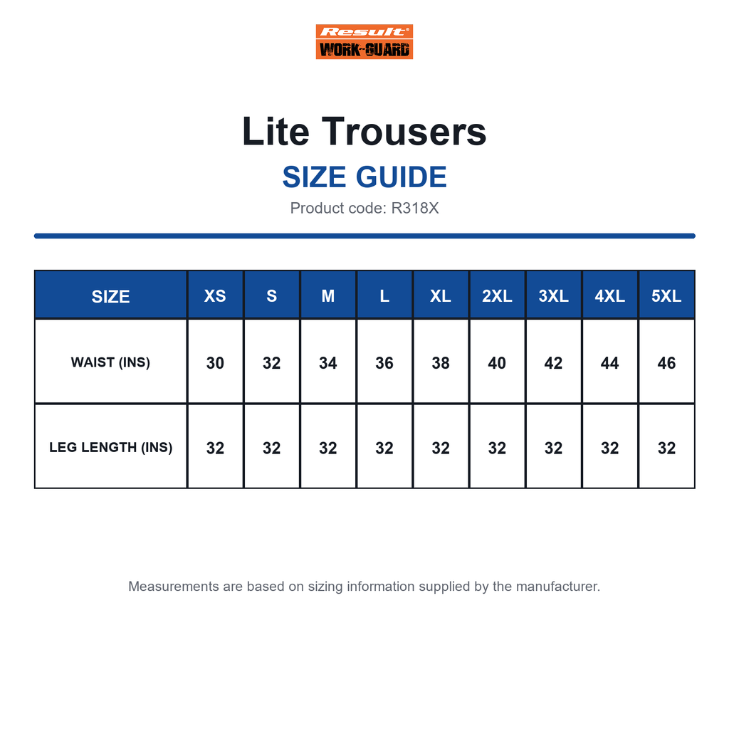 R318X Result Workguard Lite Trousers size guide (R318X)