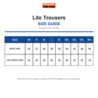 R318X Result Workguard Lite Trousers size guide (R318X)