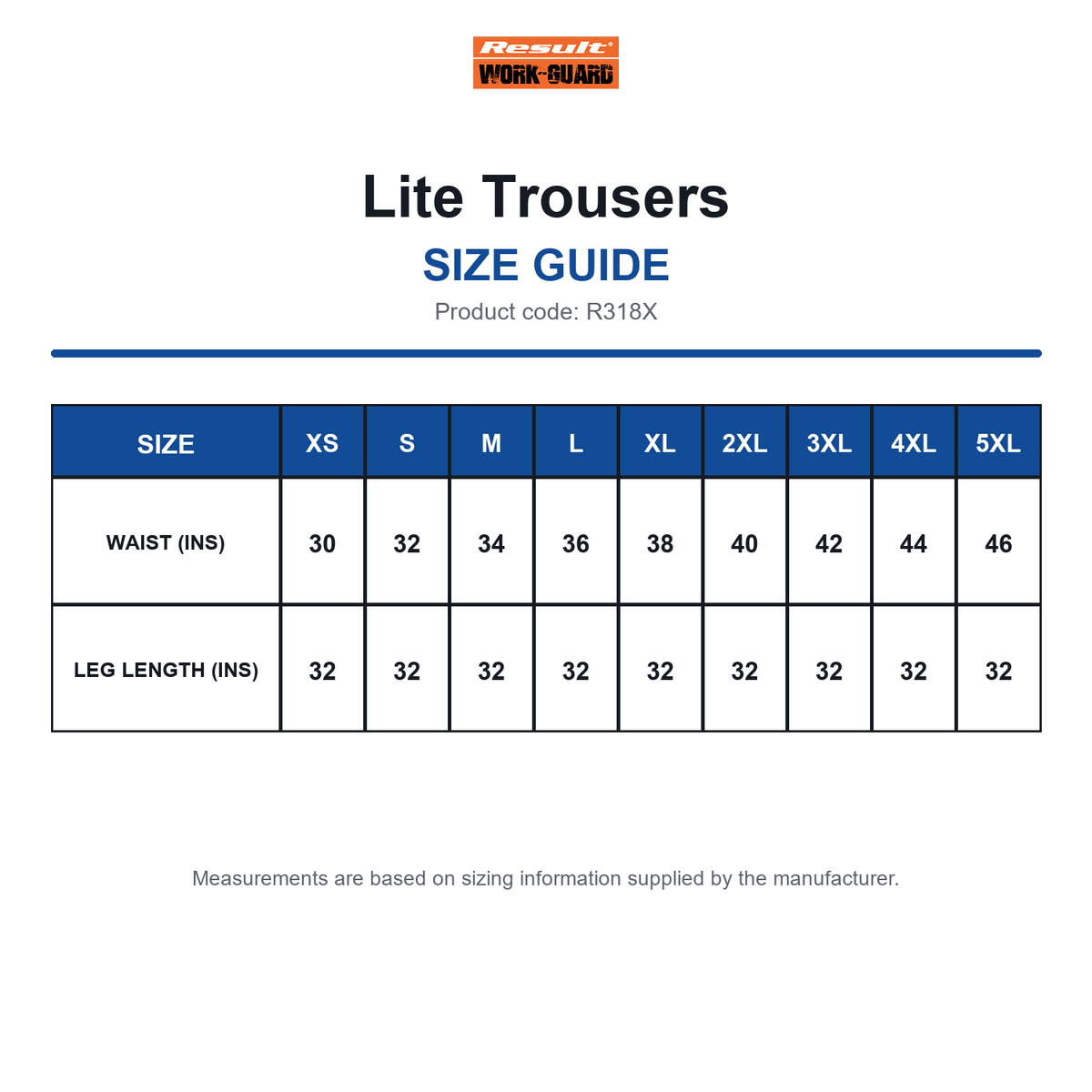 R318X Result Workguard Lite Trousers size guide (R318X)