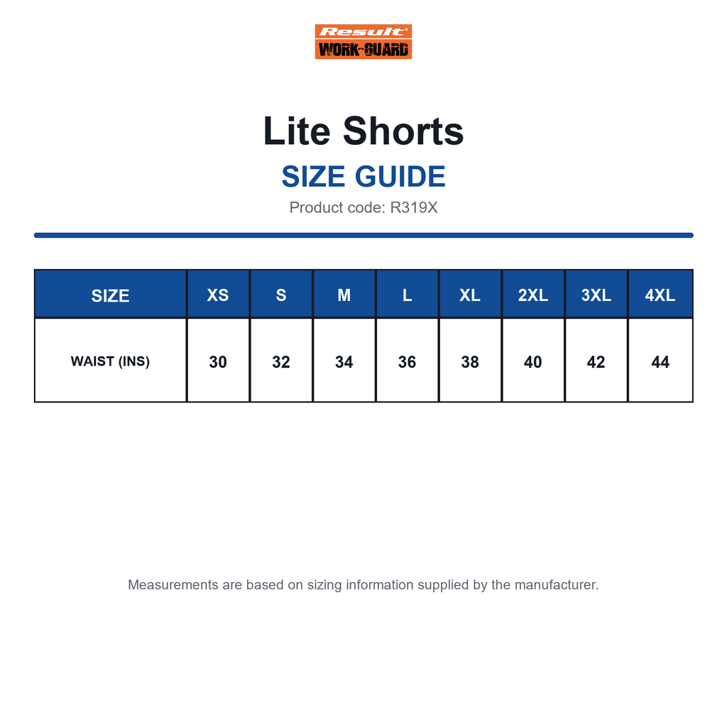 R319X Result Workguard Lite Shorts size guide (R319X)