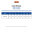 R319X Result Workguard Lite Shorts size guide (R319X)