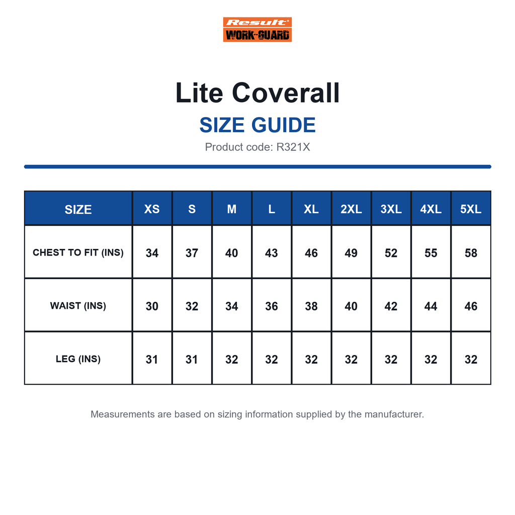 R321X Result Workguard Lite Coverall size guide (R321X)