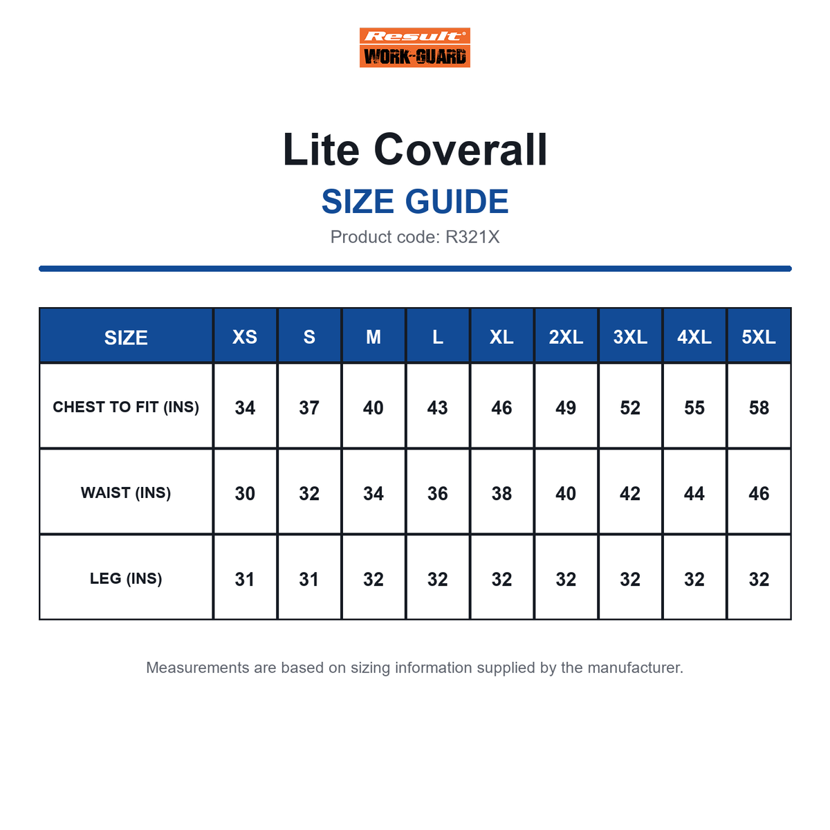 R321X Result Workguard Lite Coverall size guide (R321X)