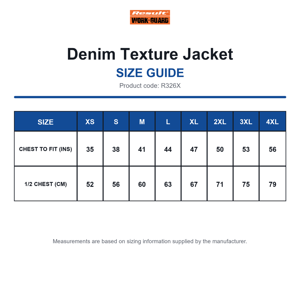 R326X Result Workguard Denim Texture Jacket size guide (R326X)