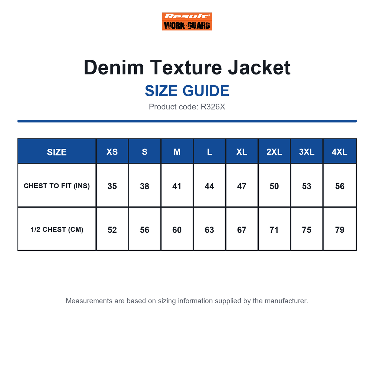 R326X Result Workguard Denim Texture Jacket size guide (R326X)