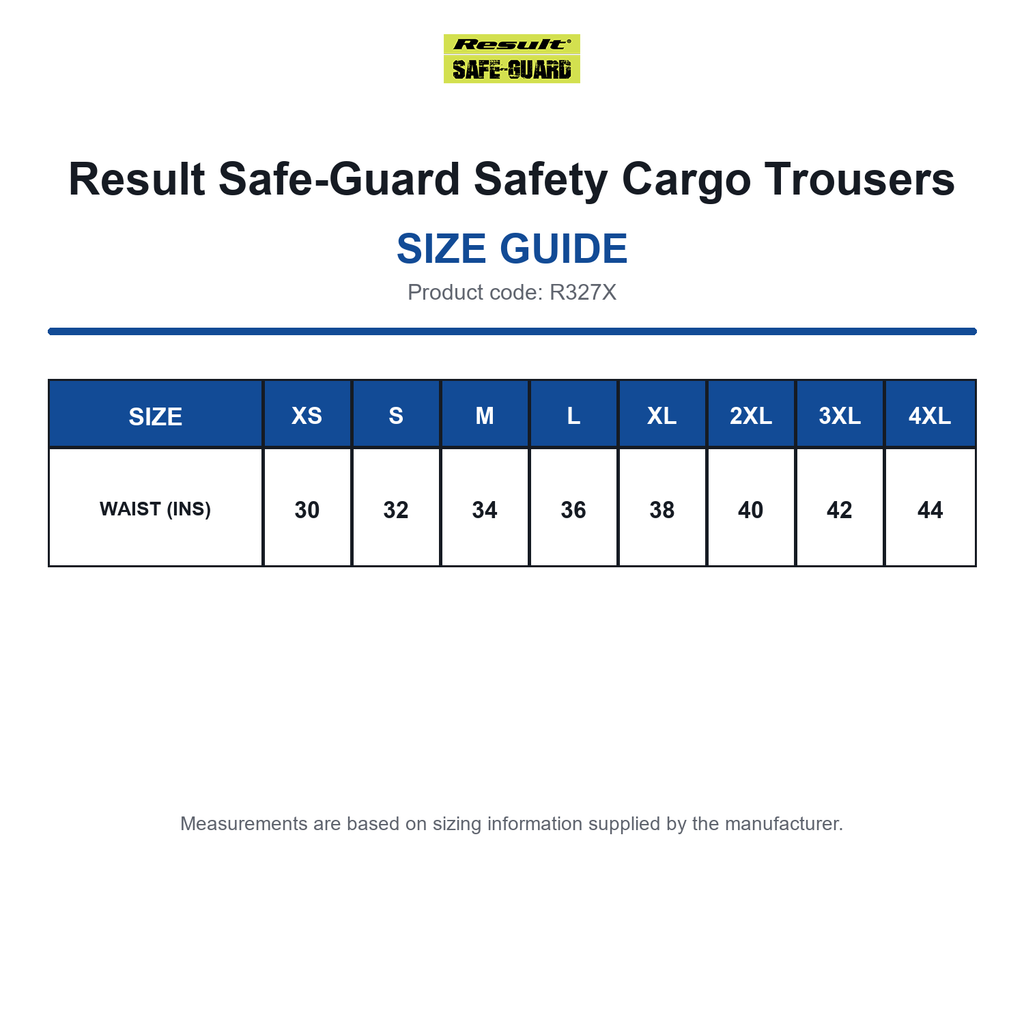 R327X Result Safe-Guard Safety Cargo Trousers size guide (R327X)