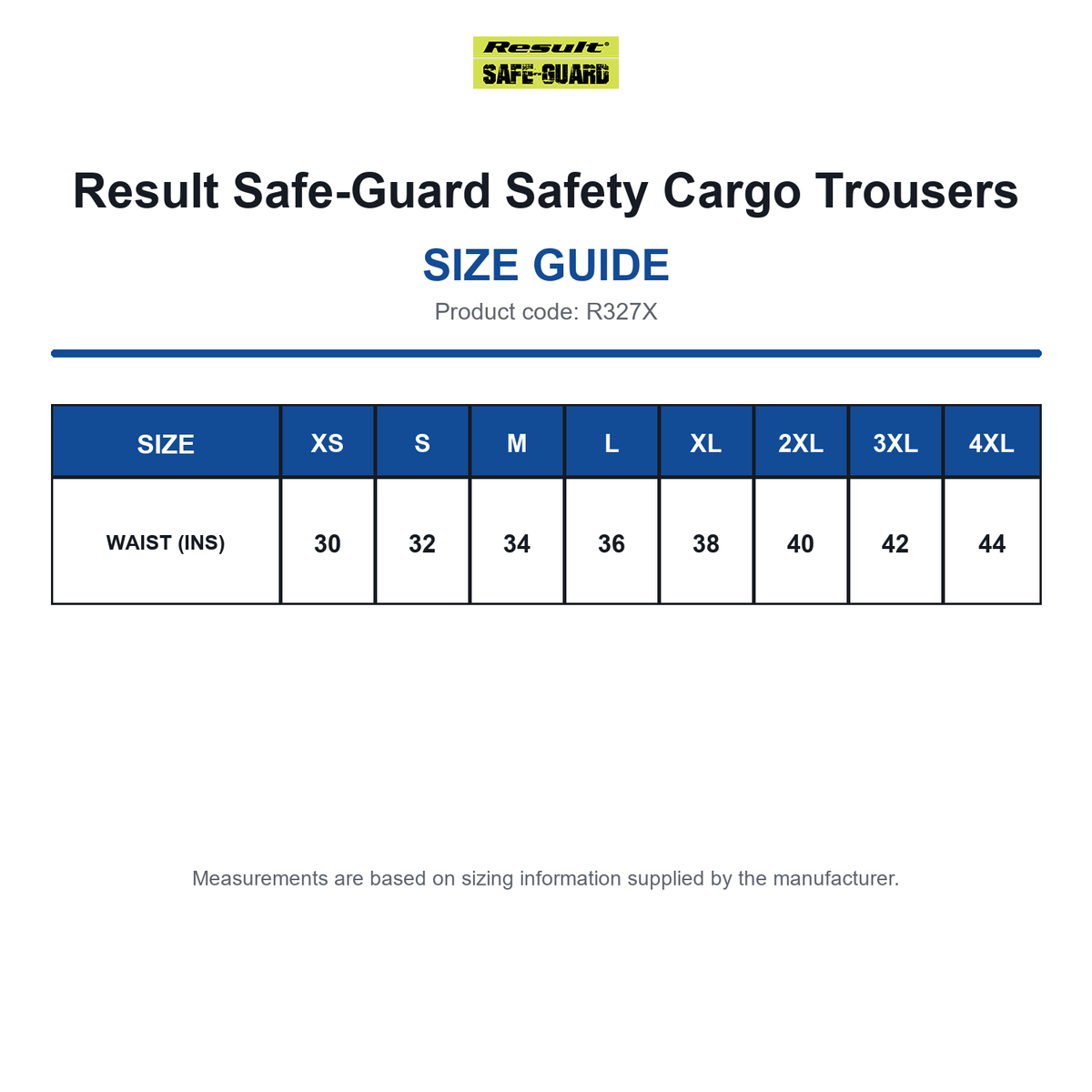 R327X Result Safe-Guard Safety Cargo Trousers size guide (R327X)