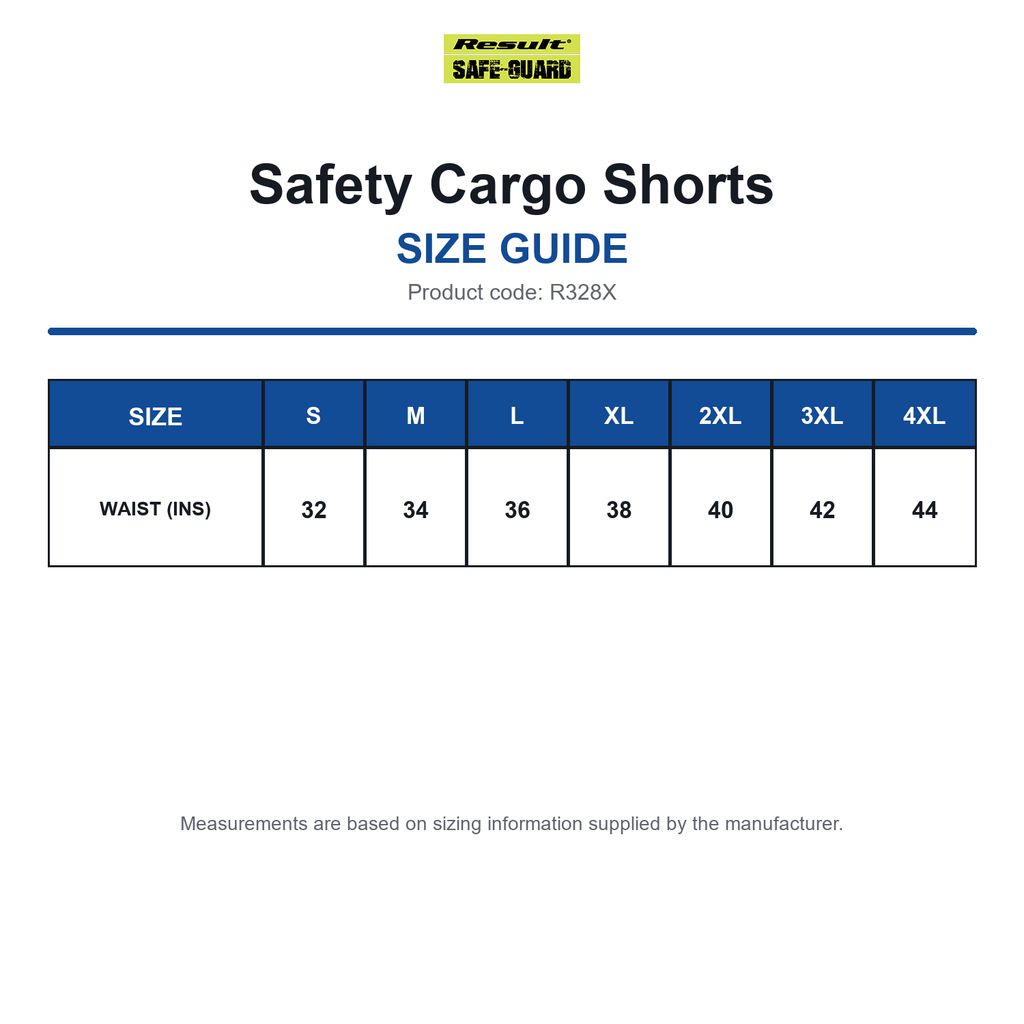 R328X Result Safeguard Safety Cargo Shorts size guide (R328X)