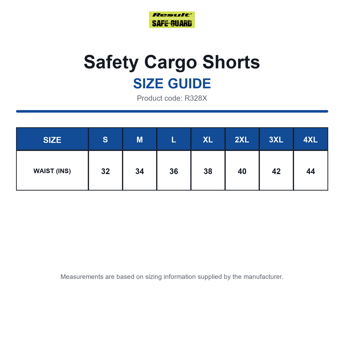 R328X Result Safeguard Safety Cargo Shorts size guide (R328X)