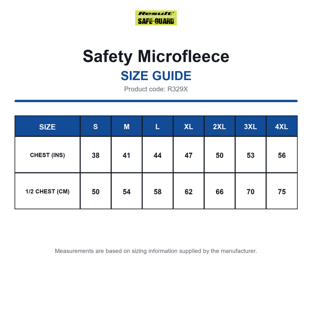 R329X Result Safeguard Safety Microfleece size guide (R329X)