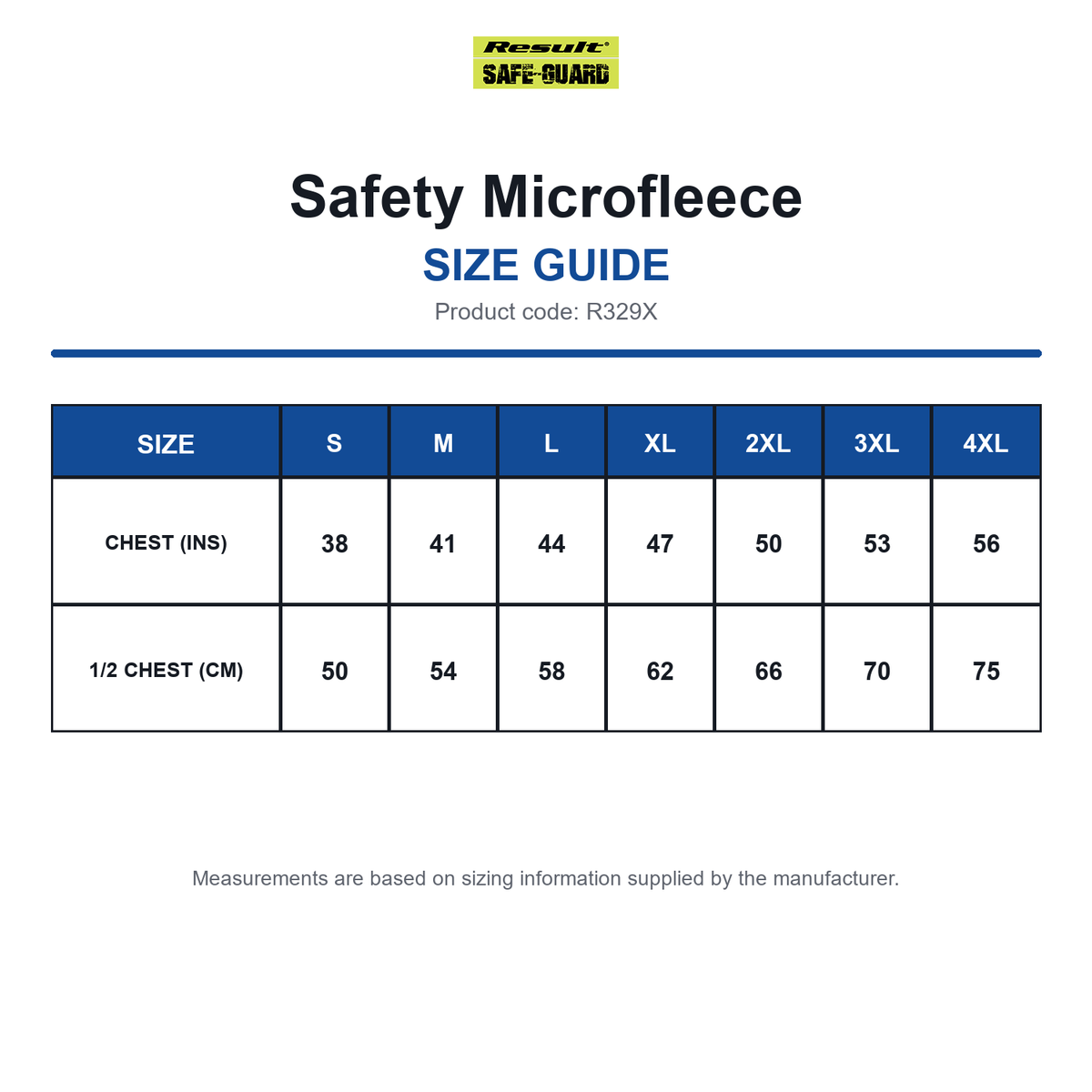R329X Result Safeguard Safety Microfleece size guide (R329X)