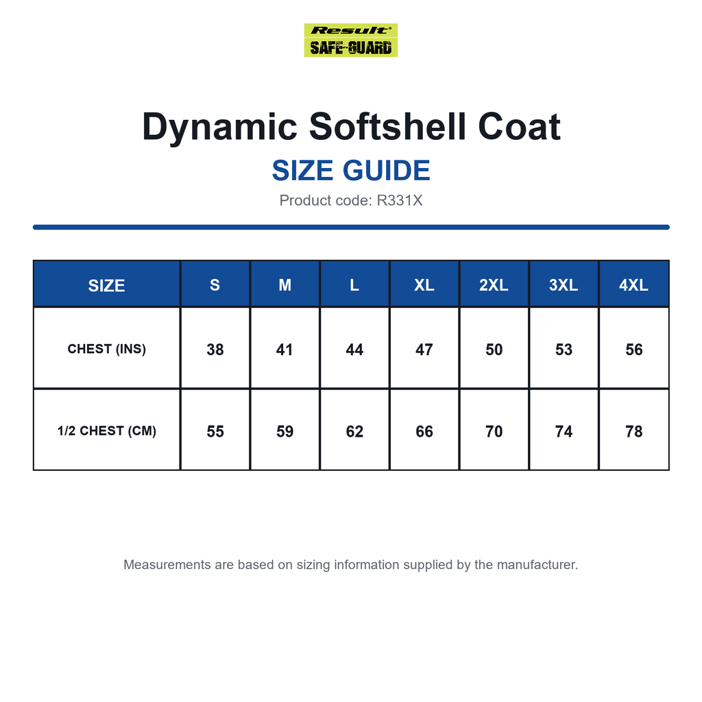 R331X Result Safeguard Dynamic Softshell Coat size guide (R331X)