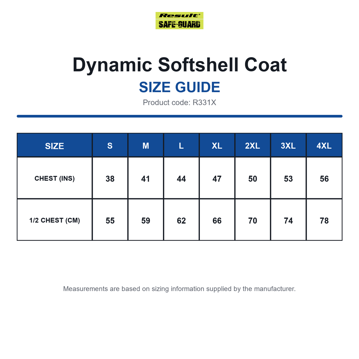 R331X Result Safeguard Dynamic Softshell Coat size guide (R331X)