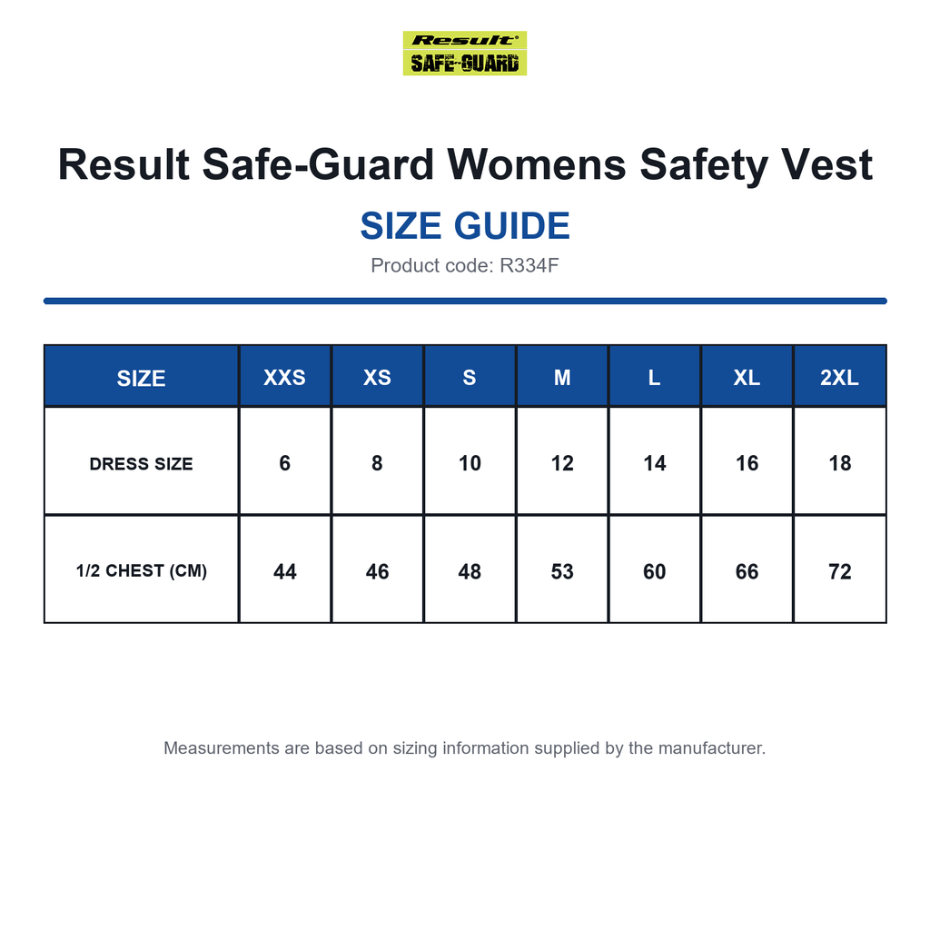 R334F Result Safe-Guard Womens Safety Vest size guide (R334F)