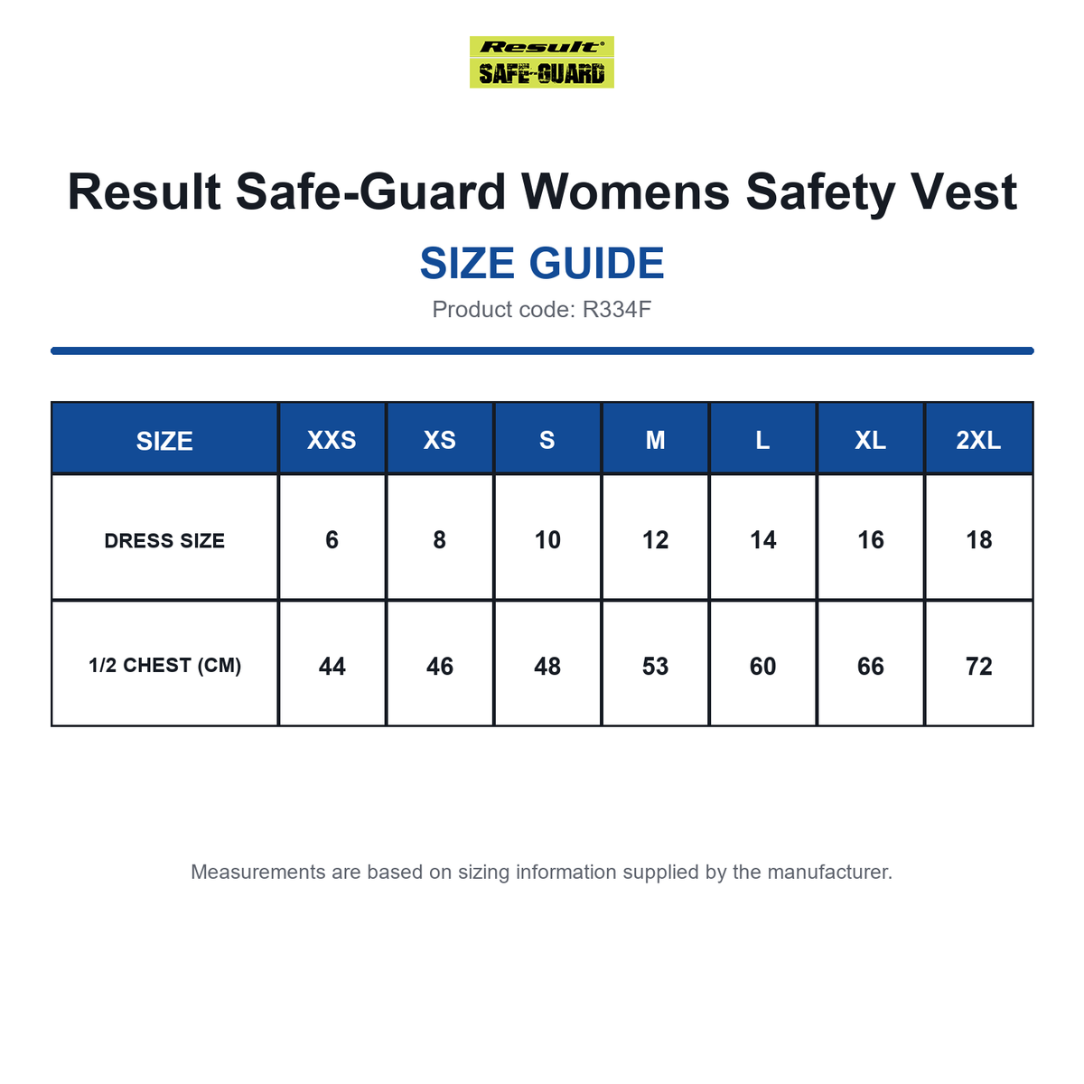 R334F Result Safe-Guard Womens Safety Vest size guide (R334F)