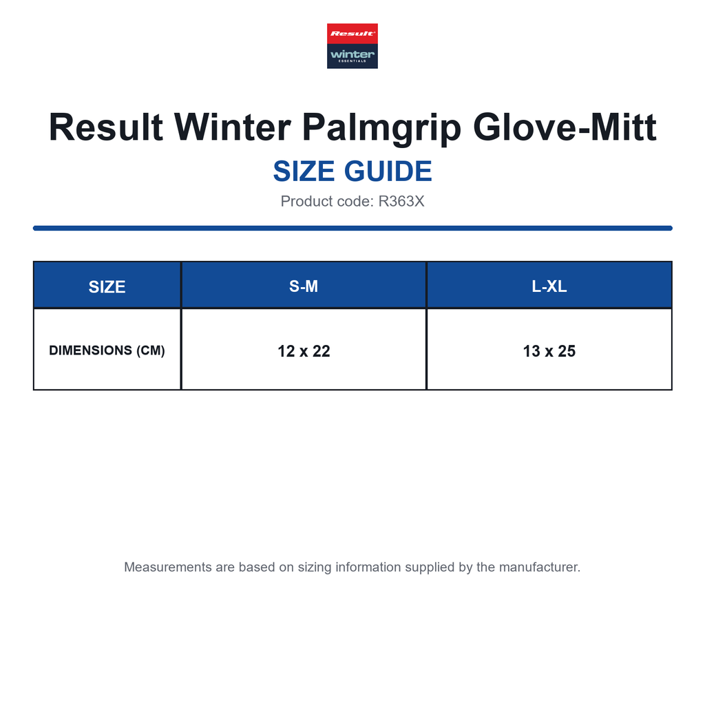 R363X Result Winter Palmgrip Glove-Mitt size guide (R363X)