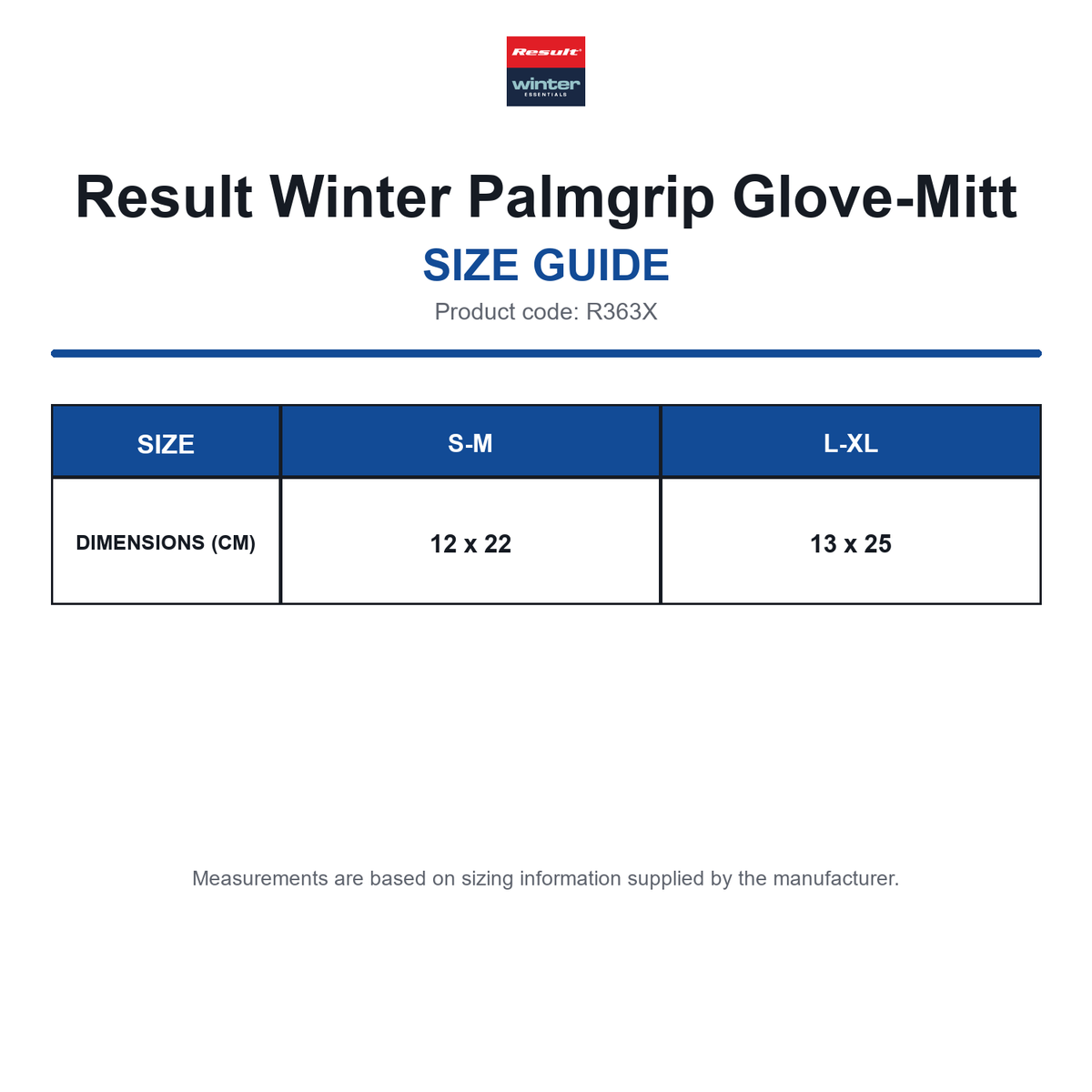 R363X Result Winter Palmgrip Glove-Mitt size guide (R363X)