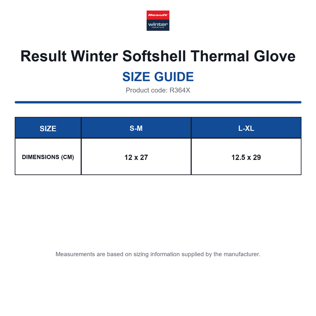 R364X Result Winter Softshell Thermal Glove size guide (R364X)