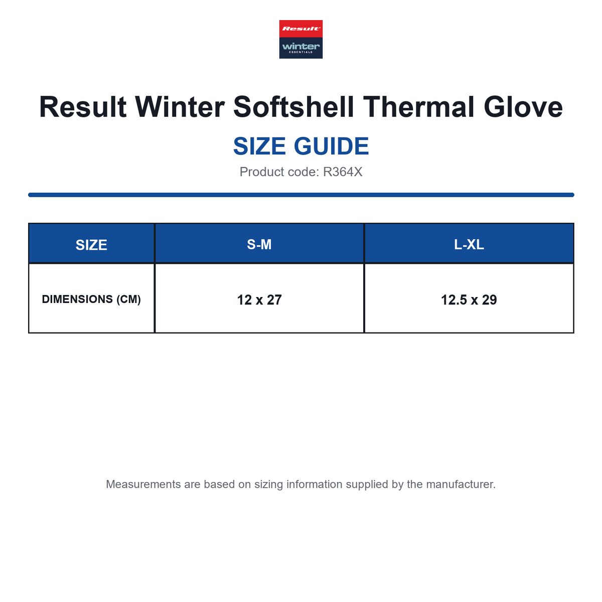 R364X Result Winter Softshell Thermal Glove size guide (R364X)