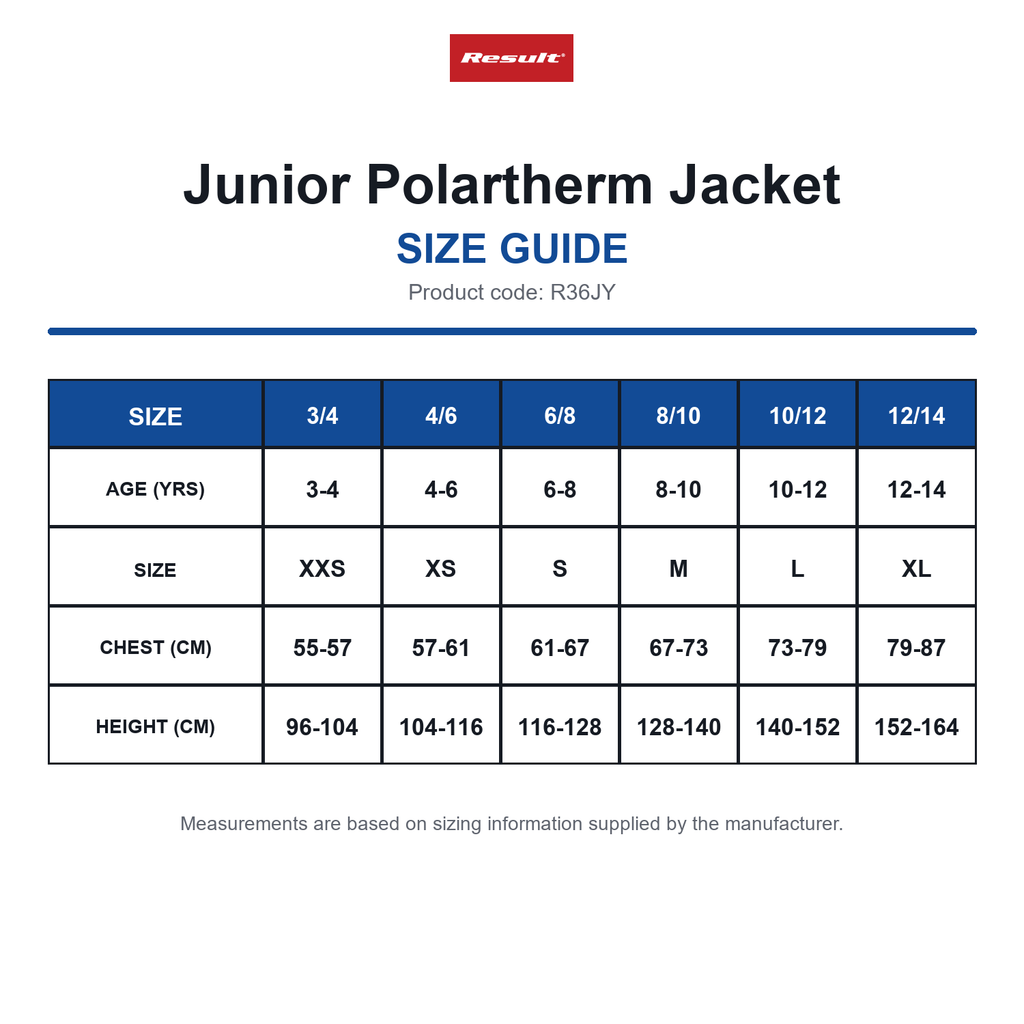 R36JY Result Junior Polartherm Jacket size guide (R36JY)