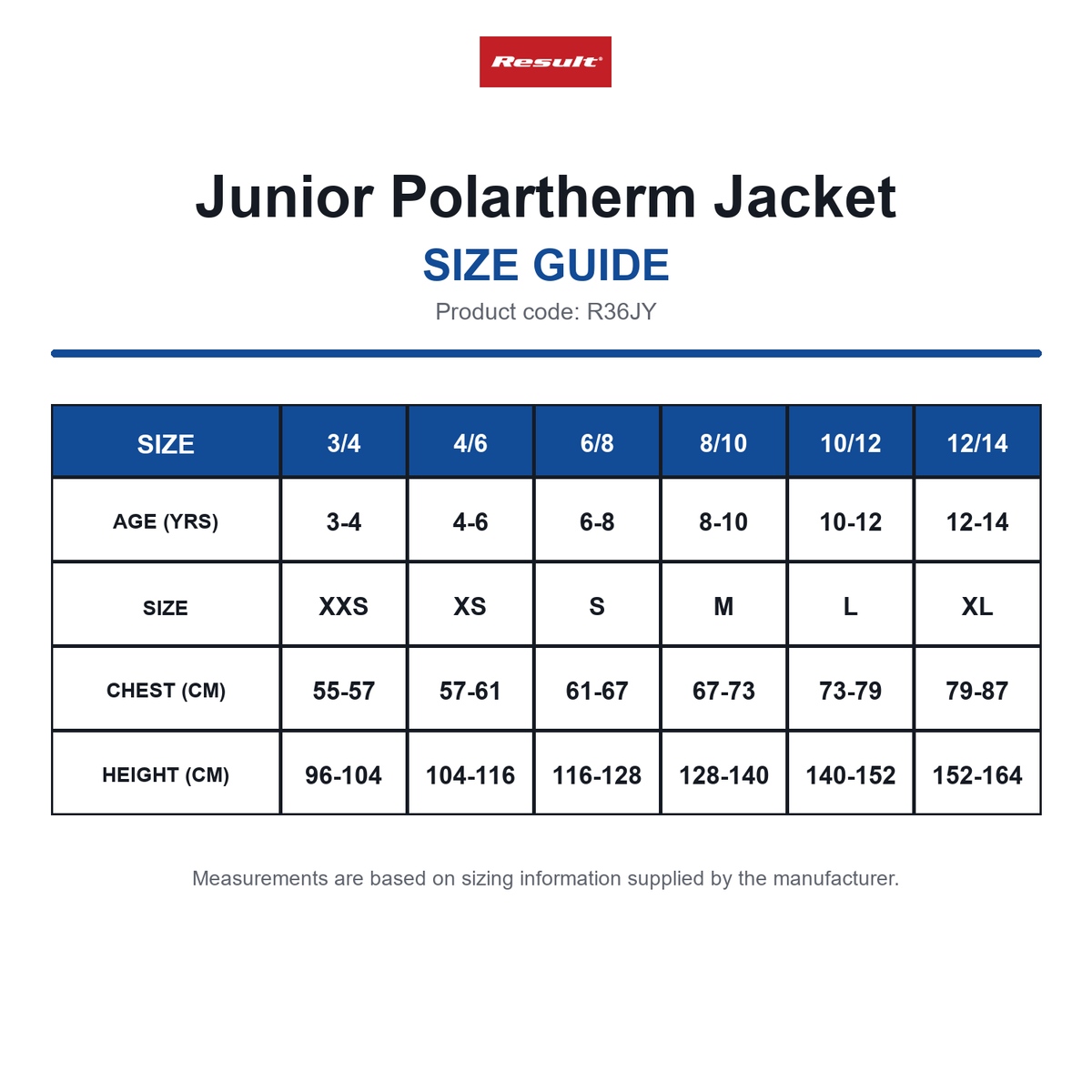 R36JY Result Junior Polartherm Jacket size guide (R36JY)