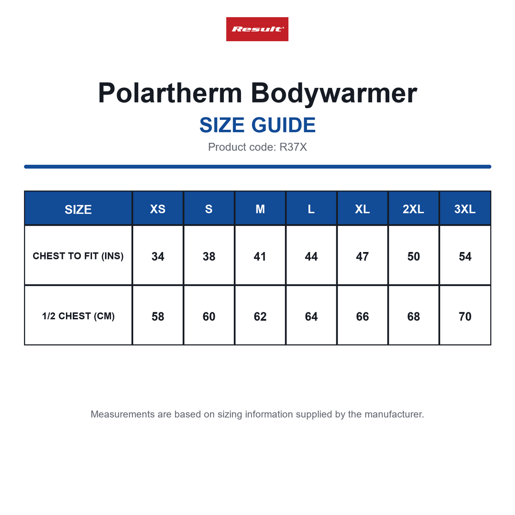 R37X Result Polartherm Bodywarmer size guide (R37X)