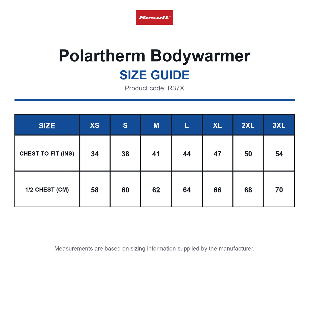 R37X Result Polartherm Bodywarmer size guide (R37X)