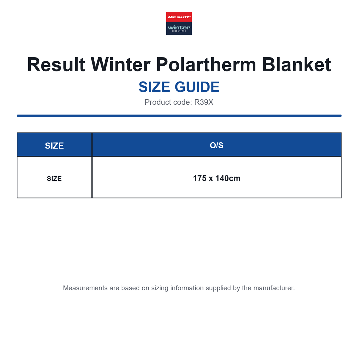 R39X Result Winter Polartherm Blanket size guide (R39X)