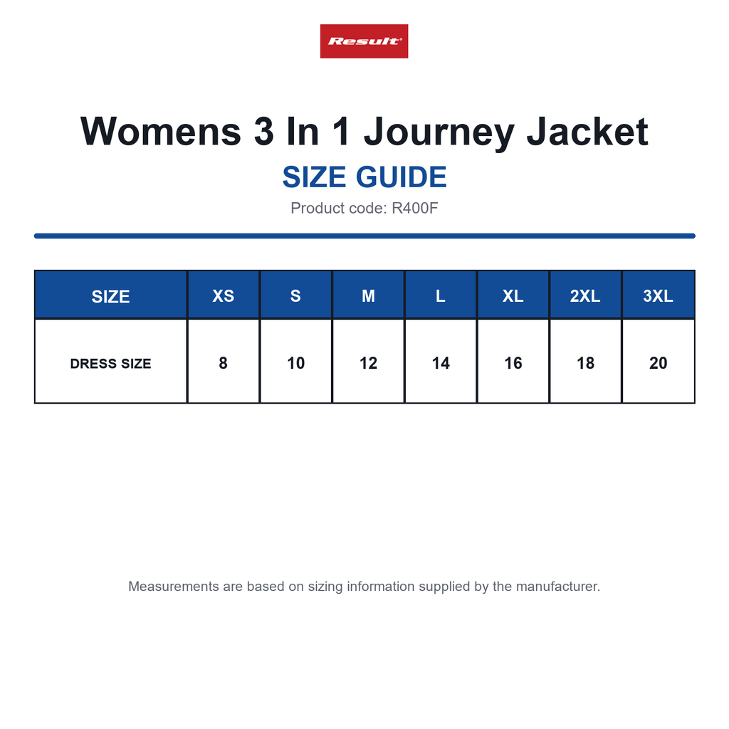 R400F Result Womens 3 In 1 Journey Jacket size guide (R400F)