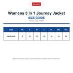 R400F Result Womens 3 In 1 Journey Jacket size guide (R400F)
