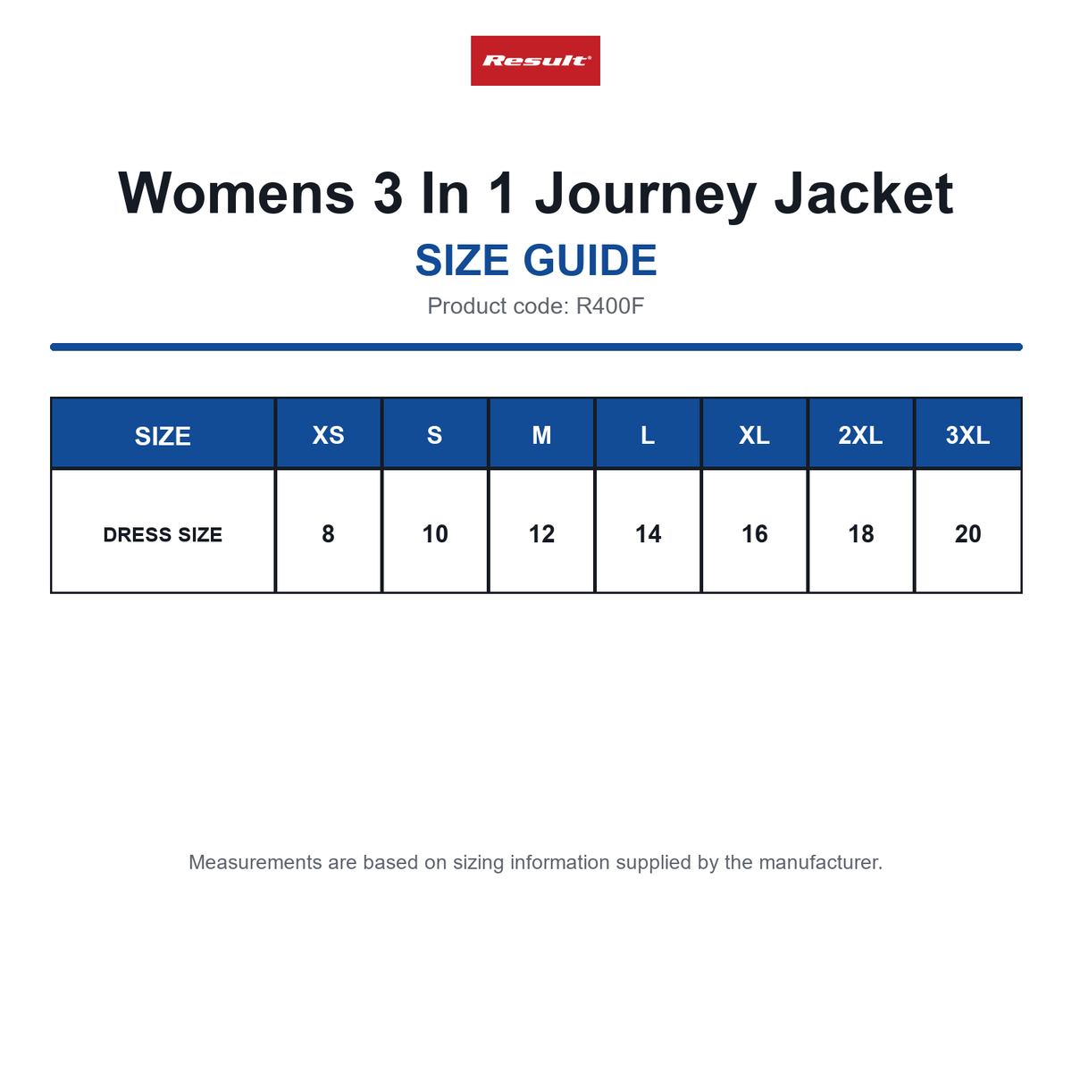 R400F Result Womens 3 In 1 Journey Jacket size guide (R400F)