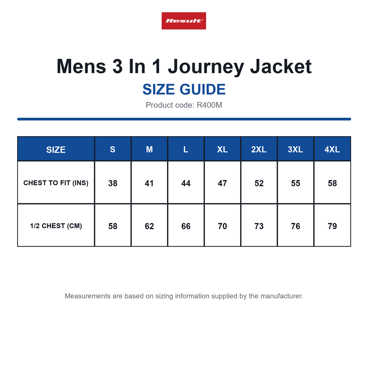 R400M Result Mens 3 In 1 Journey Jacket size guide (R400M)