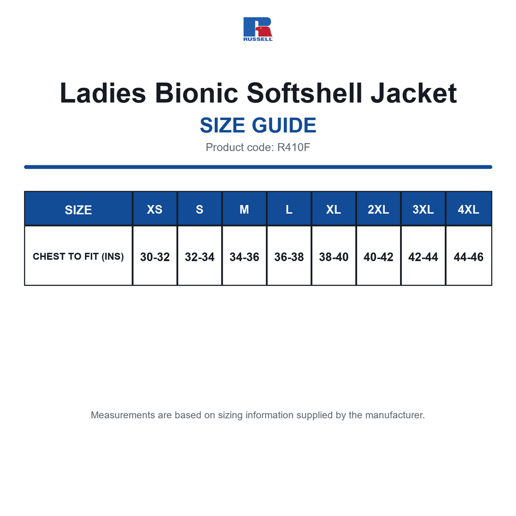 R410F Russell Ladies Bionic Softshell Jacket size guide (R410F)