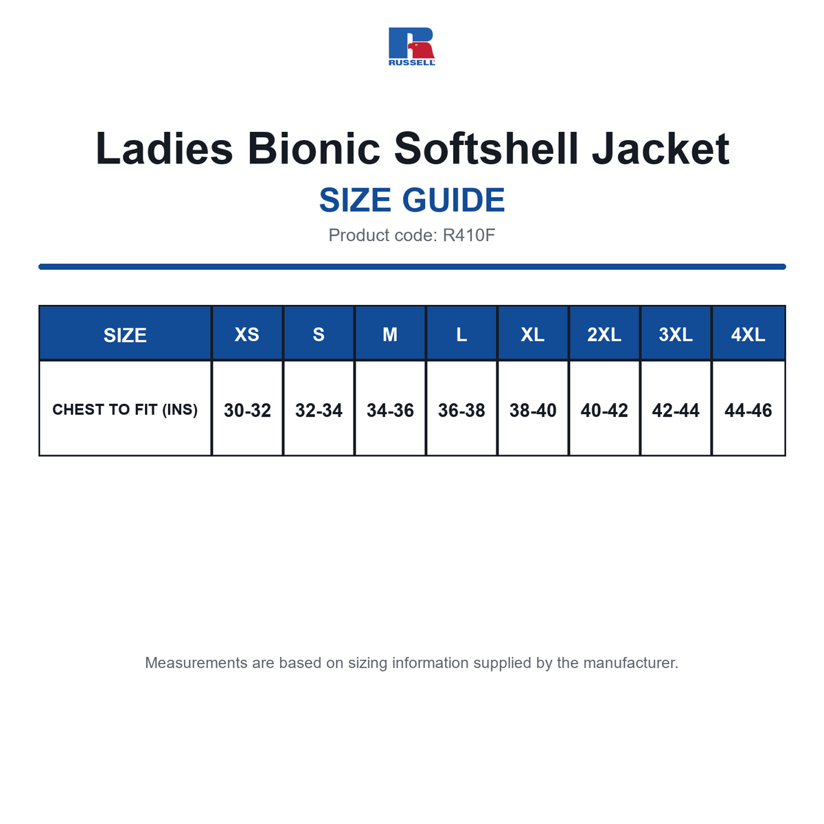 R410F Russell Ladies Bionic Softshell Jacket size guide (R410F)