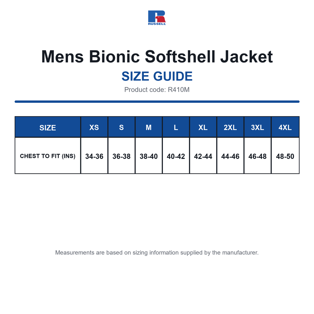 R410M Russell Mens Bionic Softshell Jacket size guide (R410M)