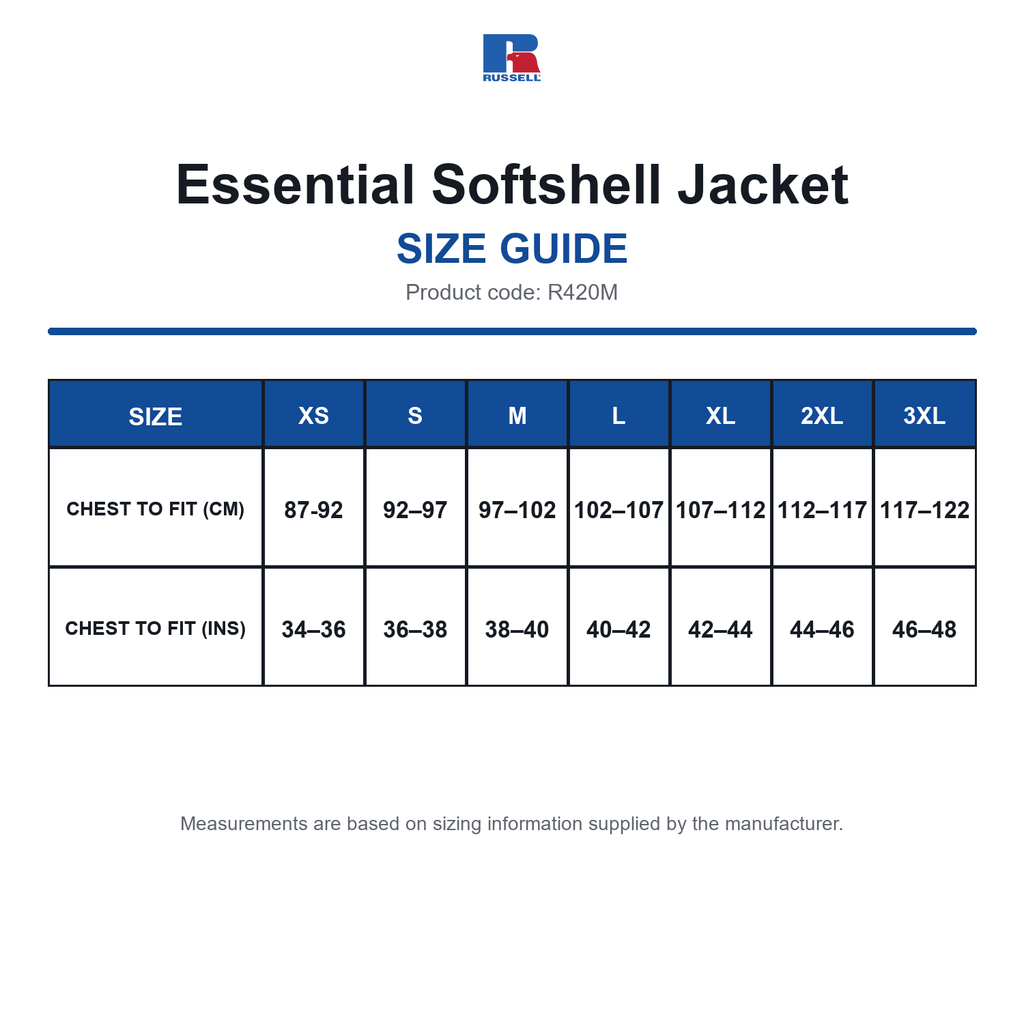 R420M Russell Essential Softshell Jacket size guide (R420M)