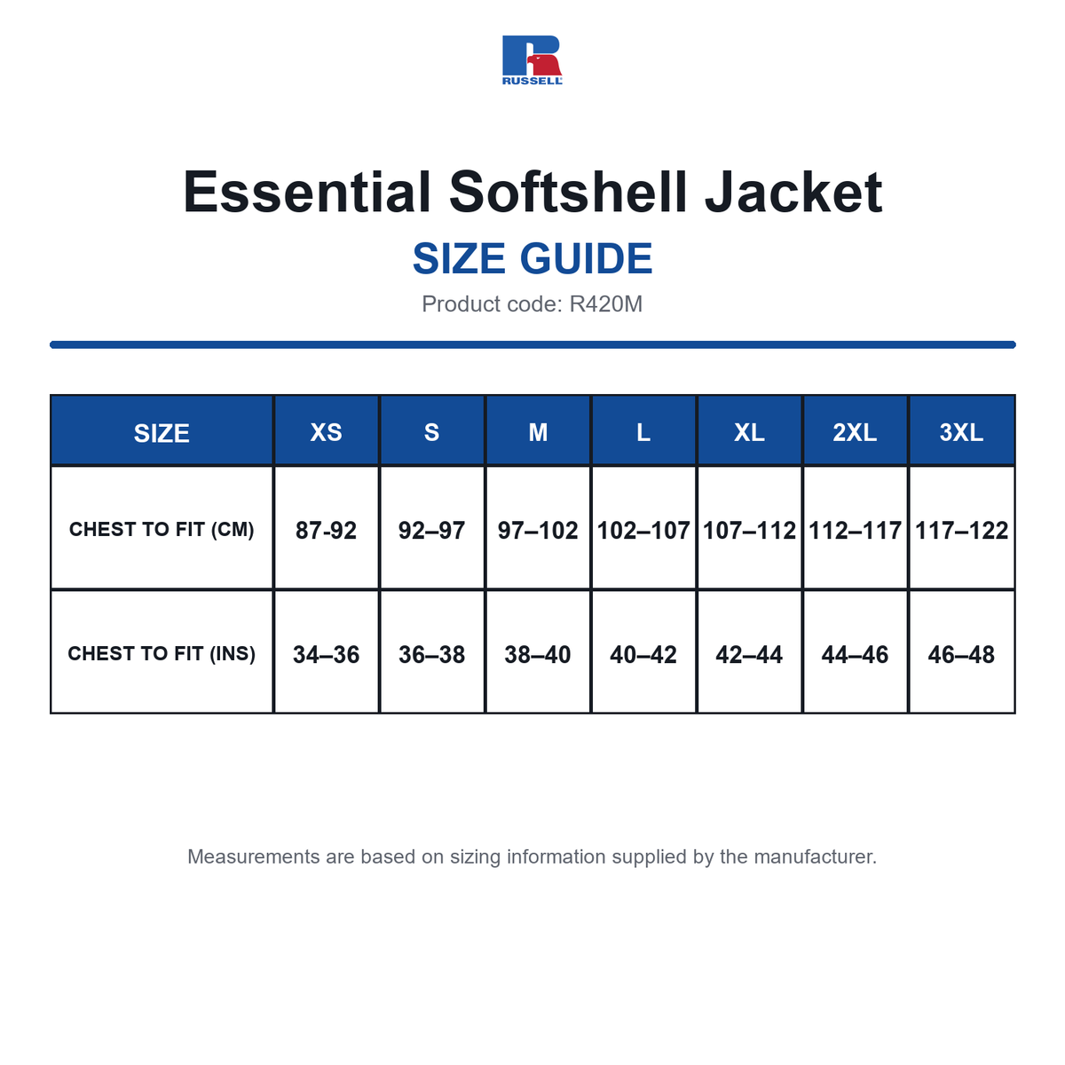 R420M Russell Essential Softshell Jacket size guide (R420M)