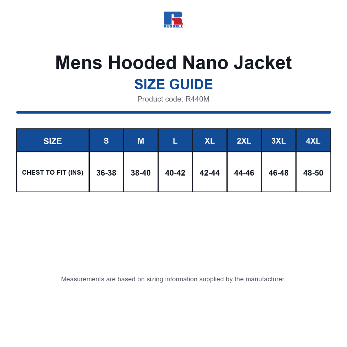 R440M Russell Mens Hooded Nano Jacket size guide (R440M)