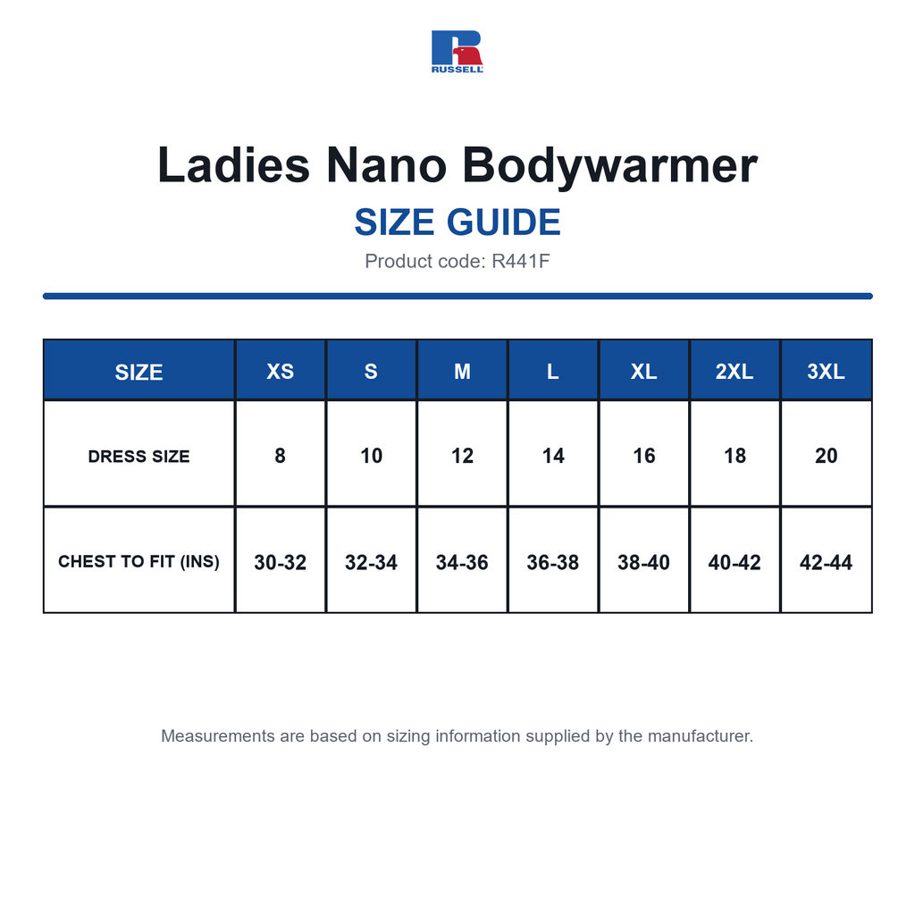 R441F Russell Ladies Nano Bodywarmer size guide (R441F)