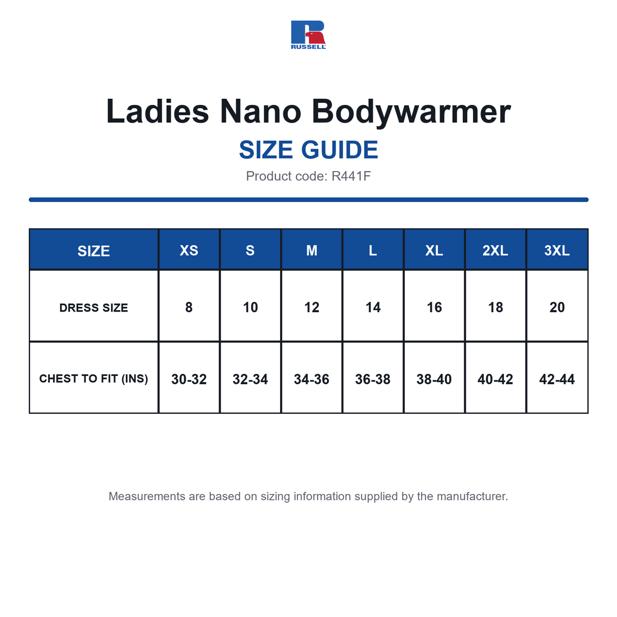 R441F Russell Ladies Nano Bodywarmer size guide (R441F)